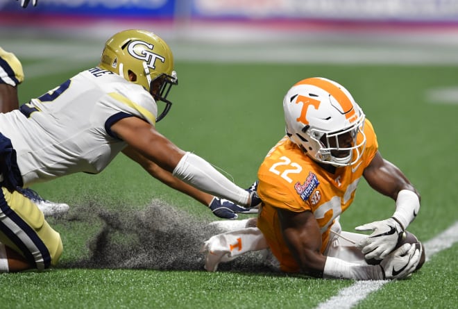 Tennessee and Georgia Tech played each other in the 2017 Chick-Fil-a Kickoff Game at Mercedes-Benz Stadium in Atlanta.