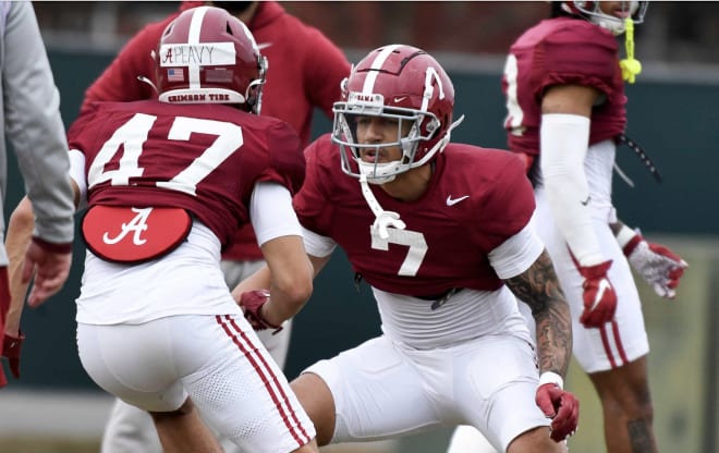 Defensive backs Kolby Peavy (47) and Peyton Woodyard (7) work against each other during practice at the University Alabama Thursday. Photo | Gary Cosby Jr.-Tuscaloosa News / USA TODAY NETWORK