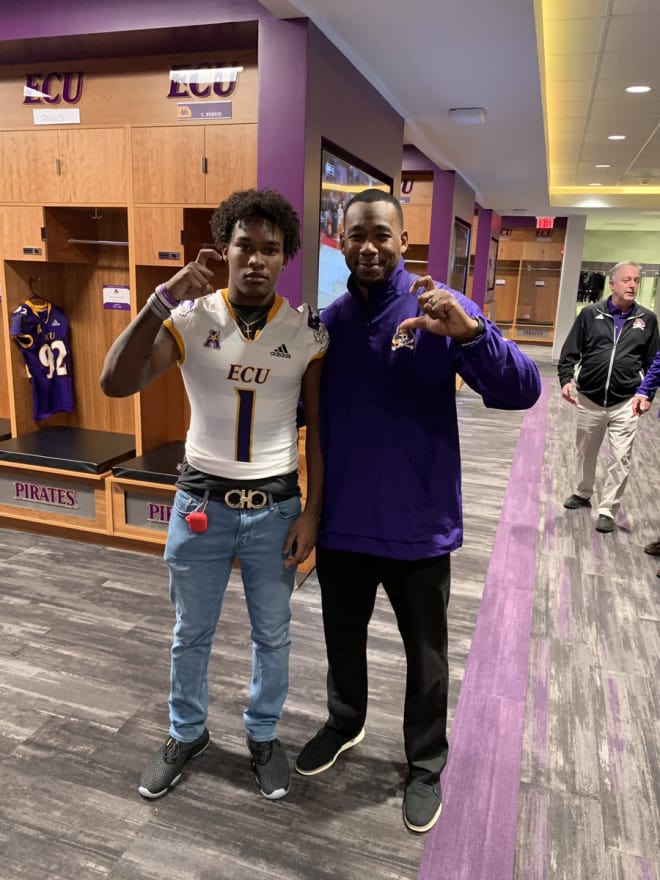 Hasan "DayDay" Gibson, Jr. is pictured on his Saturday ECU visit with Pirate cornerback coach Brandon Lynch.