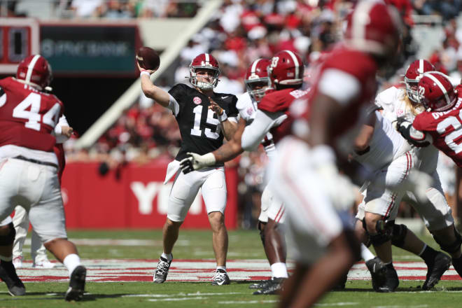 Alabama quarterback Ty Simpson throws a pass during the A-Day scrimmage. Photo | Alabama Athletics 