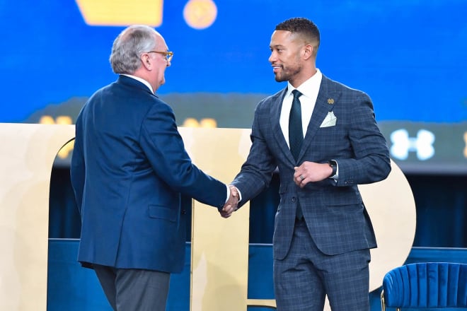 Were AD Jack Swarbrick (left) and Notre Dame head coach Marcus Freeman in lock step when it came to moving on from reportedly indecisive Utah OC Andy Ludwig?