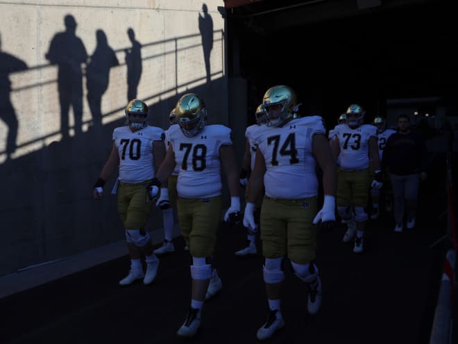 Notre Dame's offensive line, including center Ashton Craig (70) and guards Pat Coogan (78) and Billy Schrauth (74), helped pave the way for a big rushing day for running back Audric Estimé.