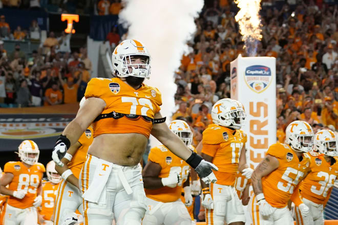 Dec 30, 2022; Miami Gardens, FL, USA; Tennessee Volunteers offensive lineman Addison Nichols (72) takes the field before the 2022 Orange Bowl against the Clemson Tigers at Hard Rock Stadium.
