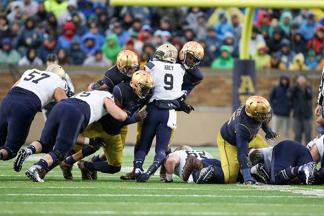 Notre Dame's defense was on the field an extended time, but limited Navy to 17 points.