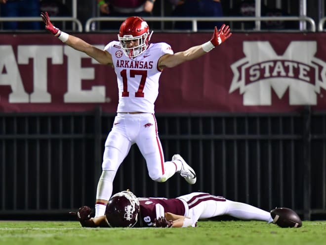 Redshirt freshman defensive back Hudson Clark celebrating an incomplete pass.