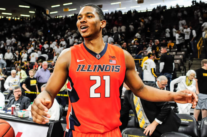  Illinois Fighting Illini guard Malcolm Hill (21) celebrates after the game against the Iowa Hawkeyes at Carver-Hawkeye Arena.