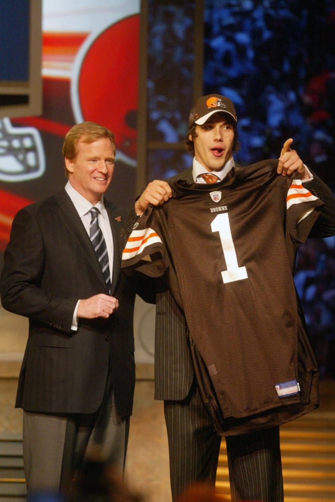 NFL commissioner Roger Goodell introduces Notre Dame quarterback Brady Quinn as the No. 22 overall pick, to the Cleveland Browns, in the 2007 NFL Draft at Radio City Music Hall in New York.