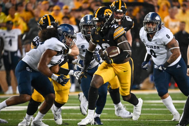 Freshman Kaleb Johnson rushed for 103 yards and two touchdowns in Iowa's 27-0 win over Nevada.