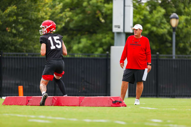 John and Alice Sands offensive coordinator Mike Bobo during Georgia’s practice session in Athens, Ga., on Thursday, Aug. 3, 2023. (Tony Walsh/UGAAA)