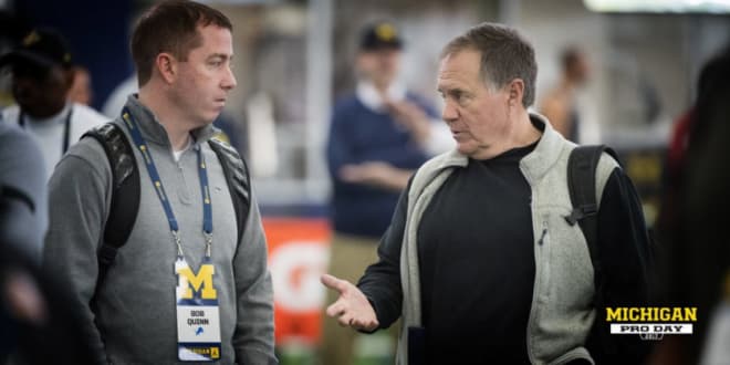 The Patriots' Bill Belichick (right) was one of at least eight NFL head coaches in Ann Arbor for Michigan's Pro Day Friday.