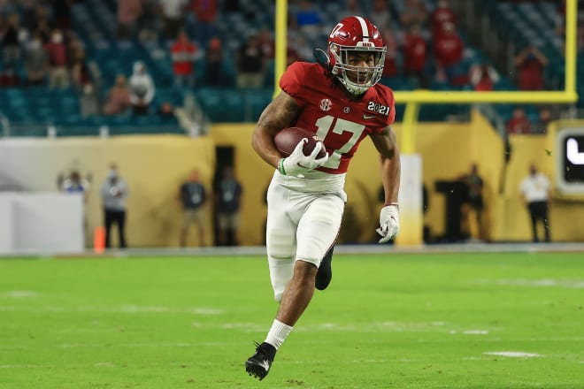 Jaylen Waddle recorded three receptions for 34-yards in the game in the national title game during Alabama's 52-24 victory over Ohio State