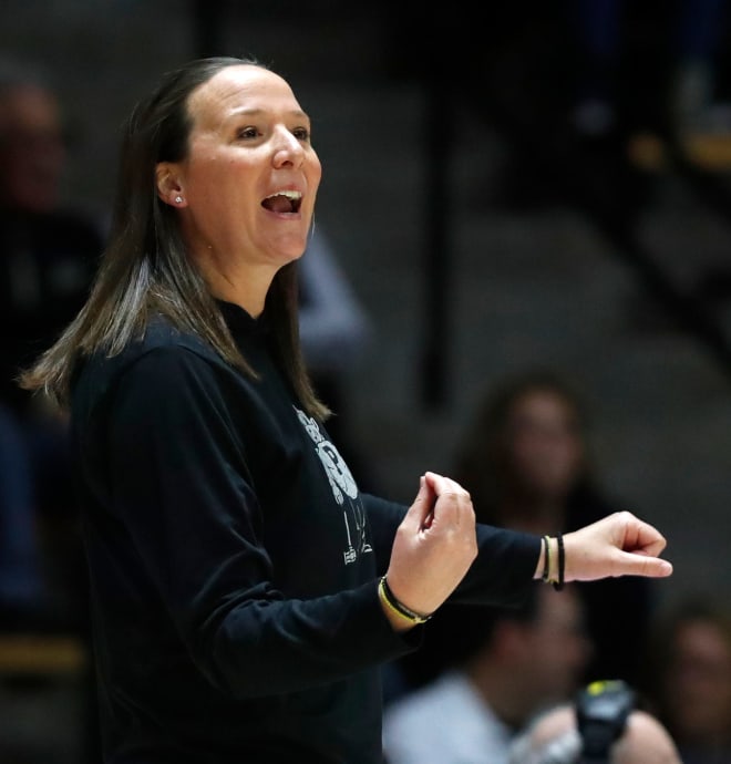 Purdue Boilermakers head coach Katie Gearlds yells down court during the NCAA Big Ten Conference women s basketball game against the Maryland Terrapins, Thursday, Dec. 8, 2022, at Mackey Arena in West Lafayette, Ind. Maryland won 77-74.