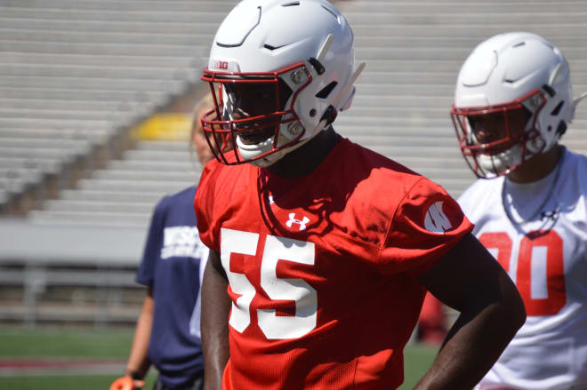 Wisconsin inside linebacker Maema Njongmeta (55) during 2019 fall camp