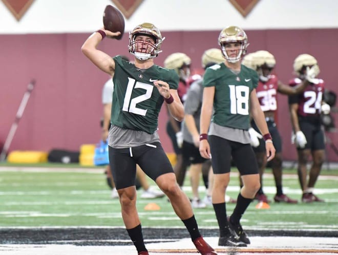 FSU QBs Chubba Purdy (No. 12) and Tate Rodemaker have split reps with the starters the past two days.