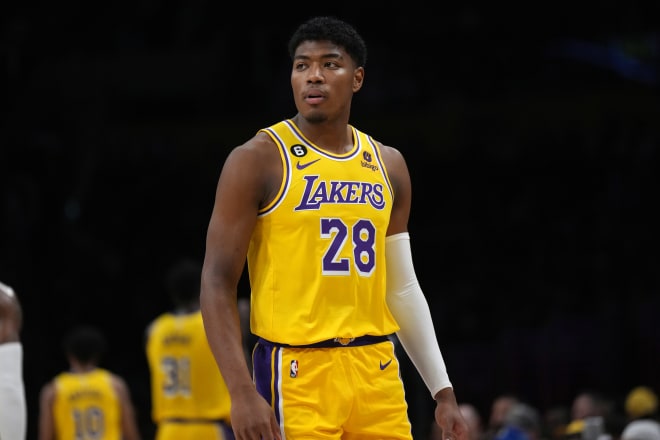 Los Angeles Lakers forward Rui Hachimura (28) reacts against the San Antonio Spurs in the first half at Crypto.com Arena. Mandatory Credit: Kirby Lee-USA TODAY Sports