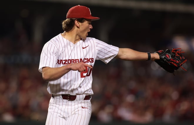 Arkansas freshman Gabe Gaeckle during the 4-3 win over LSU on March 29 at Baum-Walker Stadium in Fayetteville.