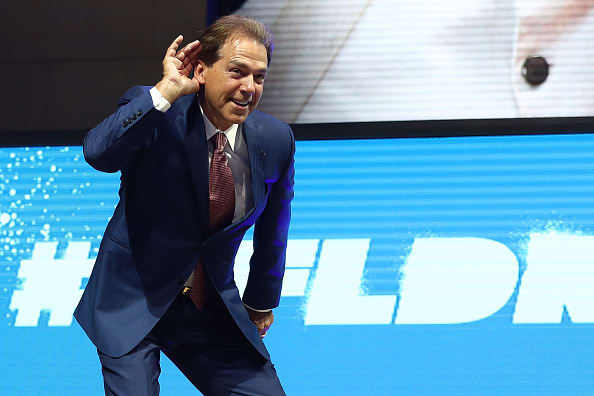 PHILADELPHIA, PA - APRIL 27: Nick Saban, head football coach at the University of Alabama, poses on stage prior to the first round of the 2017 NFL Draft at the Philadelphia Museum of Art on April 27, 2017 in Philadelphia, Pennsylvania. (Photo by Elsa/Getty Images)