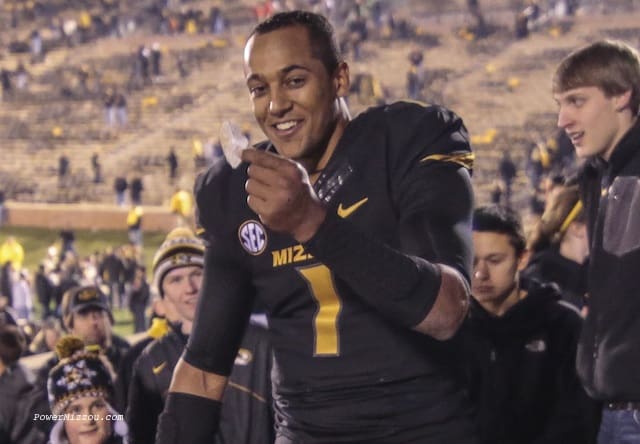 Missouri quarterback James Franklin celebrated with fans on Faurot Field after Missouri clinched the SEC East title in 2013.