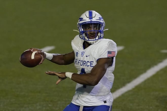 Air Force quarterback Haaziq Daniels passes against San Jose State during the second half of an NCAA college football game in San Jose, Calif., Saturday, Oct. 24, 2020. (AP Photo/Jeff Chiu)