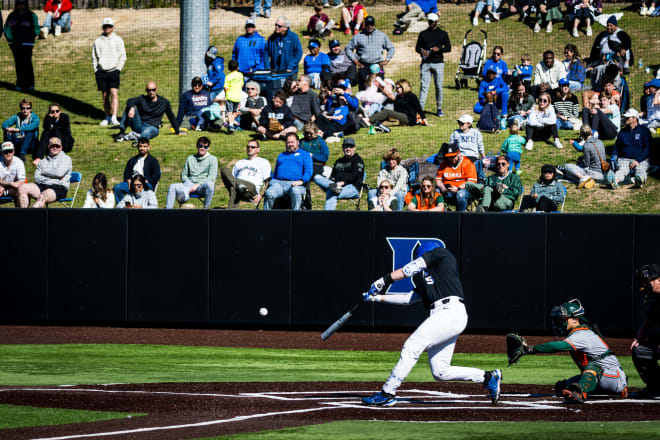 Duke's Alex Stone connects on a pitch against Miami this weekend. 