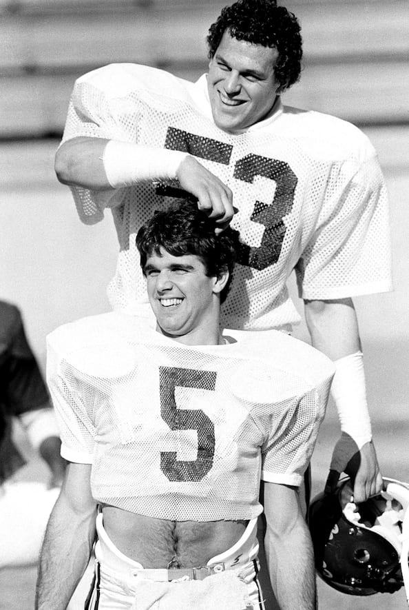 Mel Owens (back, No. 53) having some fun with teammate John Wangler on Dec. 26, 1980, as the Wolverines were preparing for their Rose Bowl matchup with Washington.