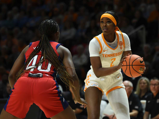 Tennessee's Rickea Jackson (2) with the 3-point attempt while guarded by U.S. national team's Jackie Young (40) during an exhibition basketball game on Sunday, November 5, 2023 In Knoxville, Tenn.