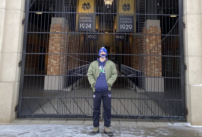 Gobaira standing outside Notre Dame Stadium during his recent visit.