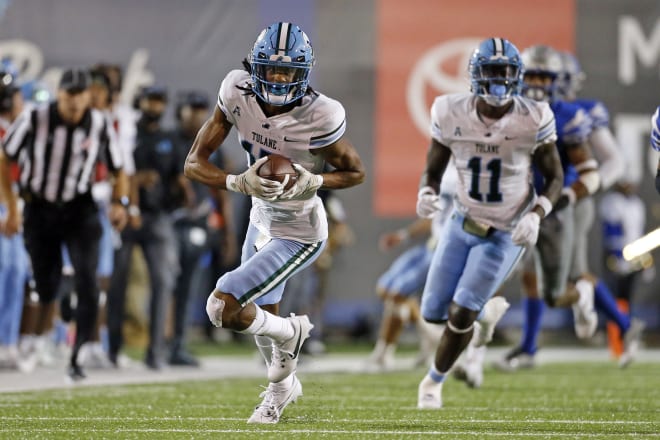 Oct 13, 2023; Memphis, Tennessee, USA; Tulane Green Wave wide receiver Chris Brazzell II (17) runs after a catch during the first half against the Memphis Tigers at Simmons Bank Liberty Stadium.