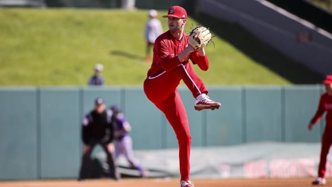 NC State Wolfpack baseball pitcher Nick Swiney throws a pitch.