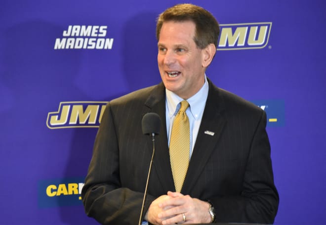Curt Cignetti is introduced as the eighth coach at James Madison during a press conference on Monday at Bridgeforth Stadium in Harrisonburg.