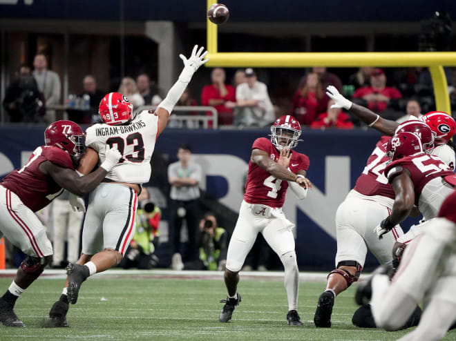 Alabama Crimson Tide quarterback Jalen Milroe (4) throws against the Georgia Bulldogs during the SEC Championship at Mercedes-Benz Stadium. Photo | Gary Cosby Jr.-Imagn Images