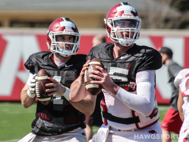 Ty Storey (left) and Cole Kelley are the frontrunners for the vacant Arkansas quarterback job