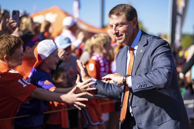Clemson head coach Dabo Swinney is shown here at Tiger Walk on Saturday ahead of his team's noon matchup with No. 4 Florida State.