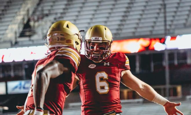 Dennis Grosel celebrates during BC's Senior Day win over Louisville in 2020 after replacing an injured Phil Jurkovec (Photo courtesy of BC Football).