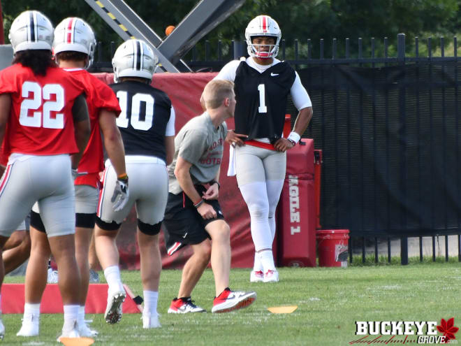 Justin Fields going through drills in fall camp. 