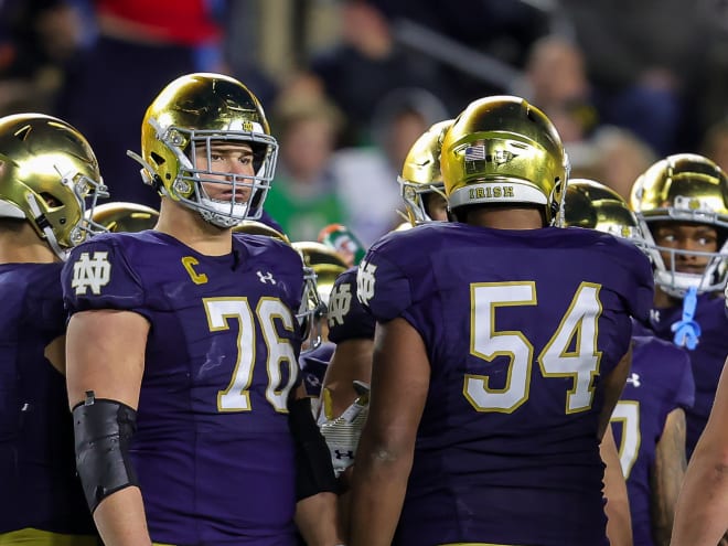 Notre Dame offensive tackles Joe Alt (76) and Blake Fisher (54) are expected to be selected in this year's NFL Draft.