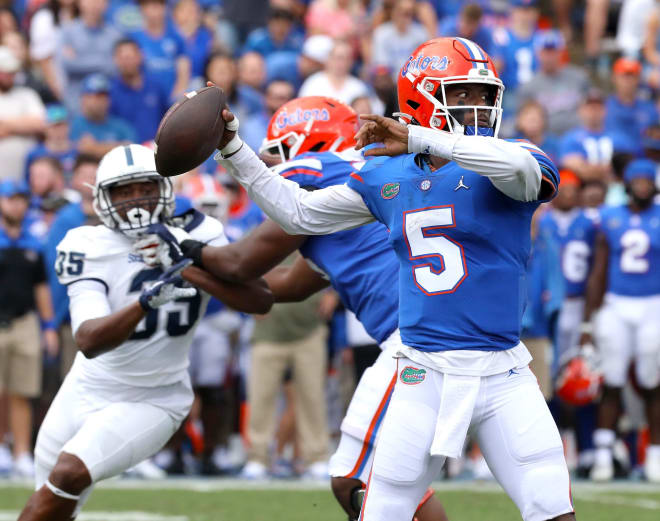 Florida Gators quarterback Emory Jones (5) throw the ball during a football game against Samford University, at Ben Hill Griffin Stadium in Gainesville Fla. Nov. 13, 2021