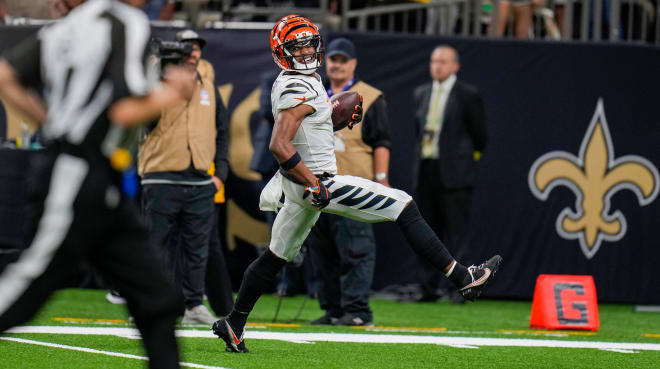 Former LSU wide receiver Ja-Marr Chase finishes a game-winning 60-yard TD pass from former Tigers' Heisman Trophy winning quarterback Joe Burrow to give the Cincinnati Bengals a 30-26 victory over the New Orleans Saints in the Superdome Sunday afternoon.