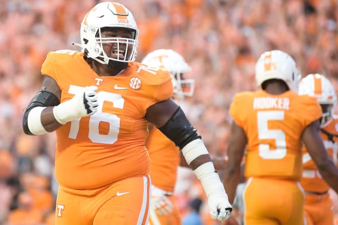 Tennessee offensive lineman Javontez Spraggins (76) celebrates after a play during a game between Tennessee and Akron at Neyland Stadium in Knoxville, Tenn. on Saturday, Sept. 17, 2022. 