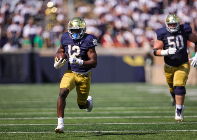 Jeremiyah Love is one of six returning players for Notre Dame to switch jersey numbers for the 2024 season, Love will wear No. 4 instead of No. 12.