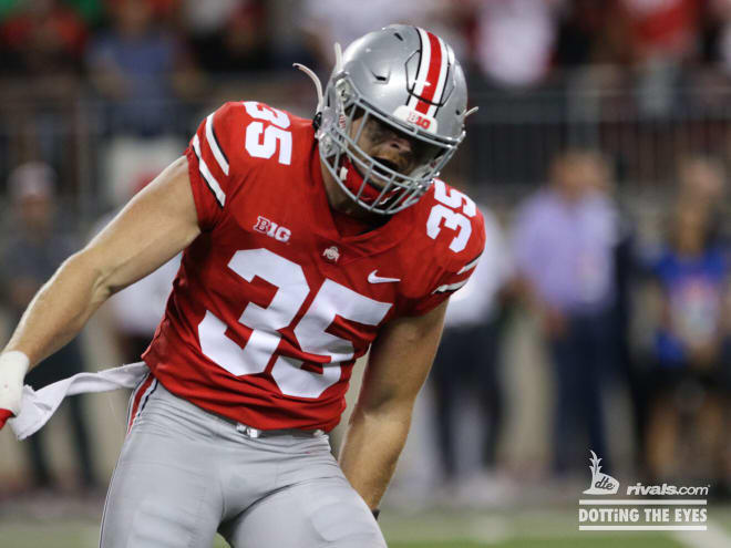 Ohio State linebacker Tommy Eichenberg celebrates a win over Notre Dame last year. (Birm/DTE)