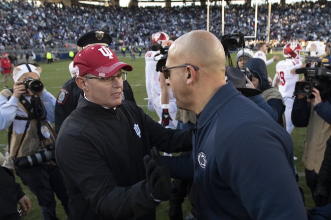 Indiana coach Tom Allen and Penn State coach James Franklin meet on the field after the Nittany Lions' win in 2019. AP photo