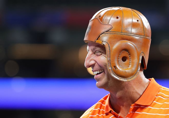 Swinney celebrates with players at Mercedes-Benz Stadium on Labor Day night after his team's 41-10 win over Georgia Tech.