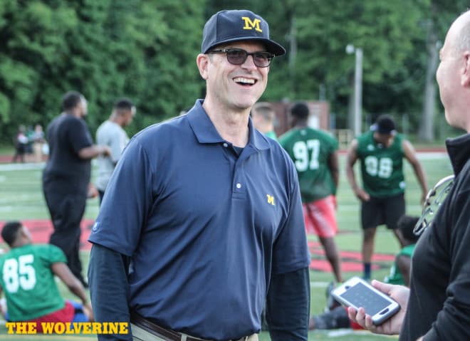 Michigan head coach Jim Harbaugh will check in on top recruits this week. 