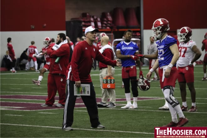 IU associate head coach and offensive coordinator Kalen DeBoer gives instructions during the Hoosiers' March 3 practice. 