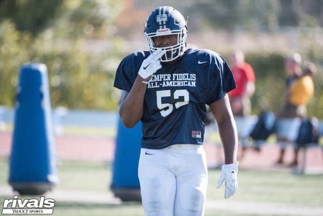 Mississippi State defensive lineman Kobe Jones, shown here practicing for an all-star game during his senior season at Starkville (Miss.) High School, is one of several key players at the center of Ole Miss' NCAA case.