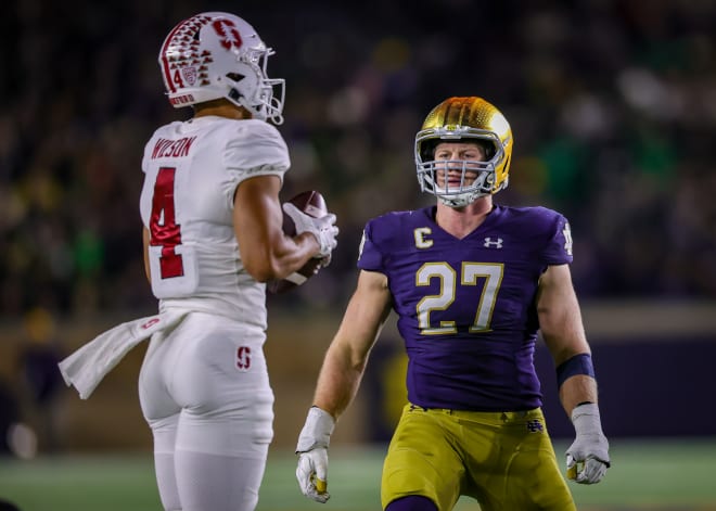 Linebacker JD Bertrand, right, will be back in Notre Dame's starting lineup Saturday against Ohio State.