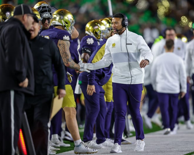 Irish head coach Marcus Freeman had plenty to celebrate on Saturday night at Notre Dame Stadium.