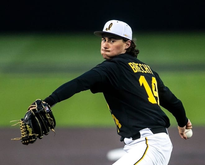 Brody Brecht on the mound for Iowa baseball. 