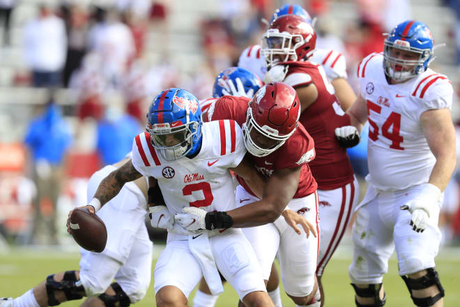 Julius Coates sacks Matt Corral during Saturday's game.